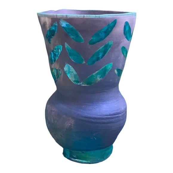 Raku Pottery Vase with Green Leaves on dark charcoal gray - Picture 4 of 8